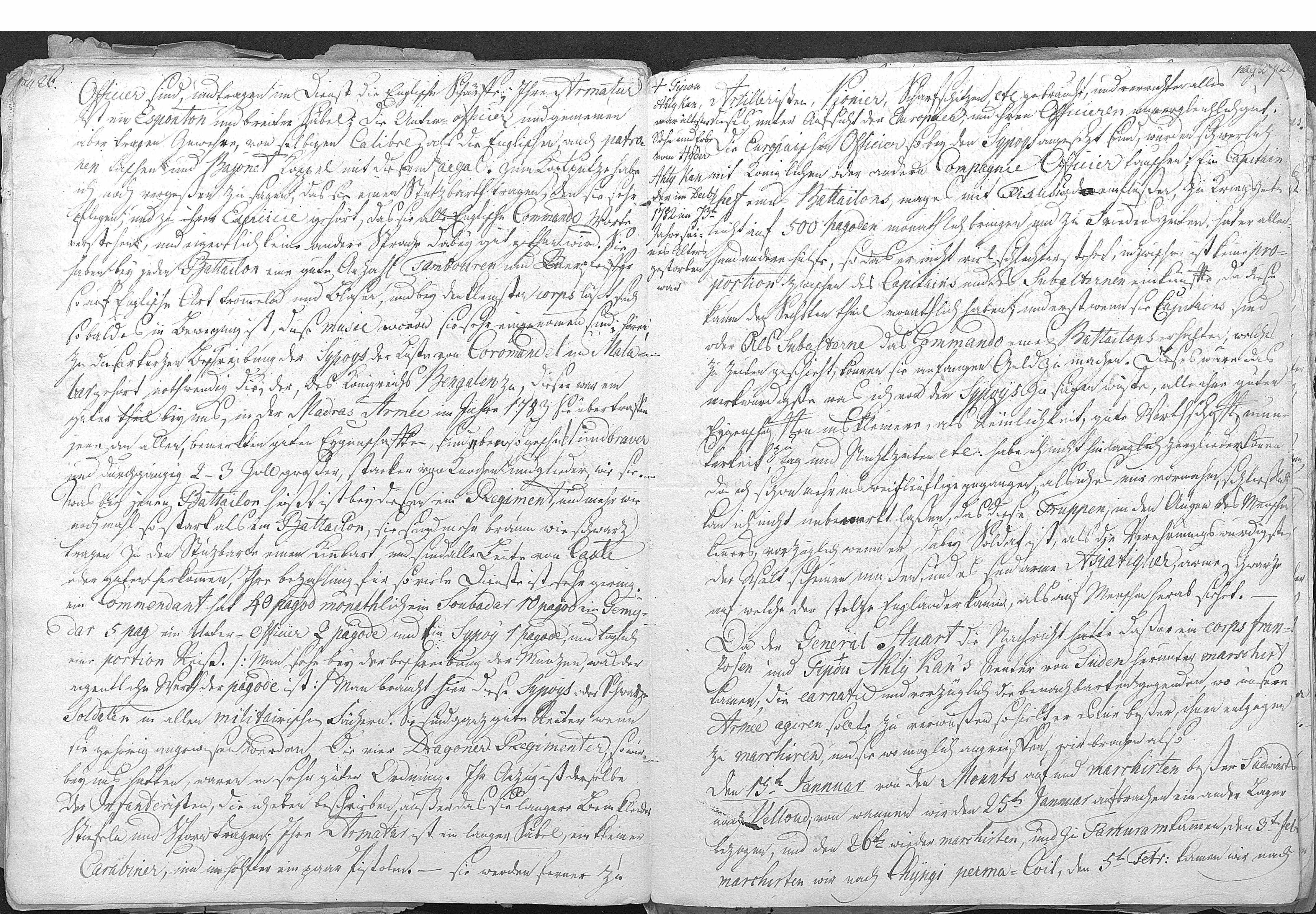 Tagebuch des Leutnant Carl de Roques vom 16. (15.) hann. Inf. Rgt über den Transport hannoverscher Truppen nach Indien und ihren dortigen Kriegs-Einsatz 1782 Febr. - 1784 Juni. [NLA Hannover Kleine Erwerbungen A 48 Nr. 1, S. 26-27]