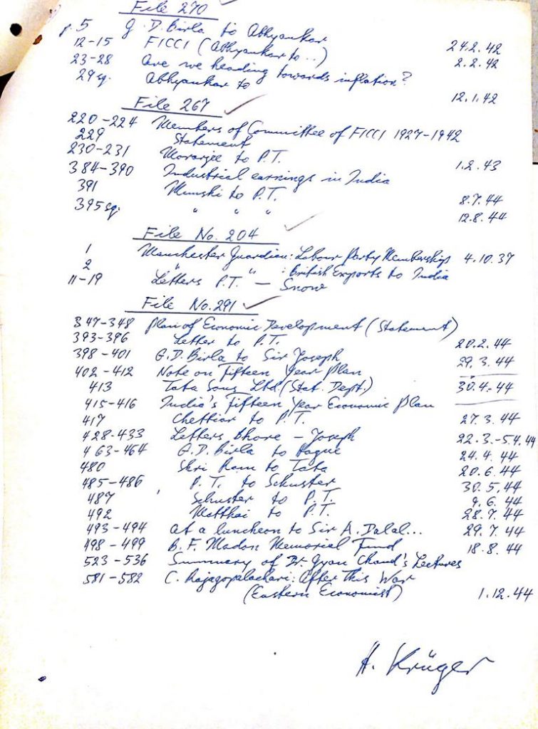 A handwritten list signed by Horst Krüger from the Joachim and Petra Heidrich papers at the archive of the Leibniz-Zentrum Moderner Orient