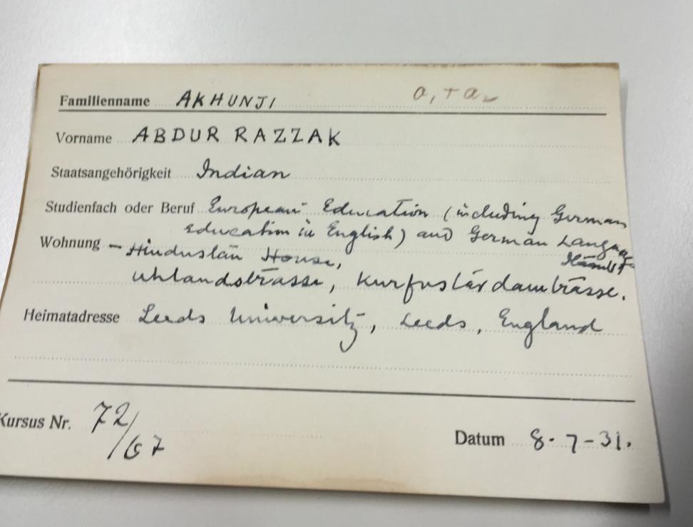 An Indian student's registration sheet from the archives of the Humboldt Universität zu Berlin