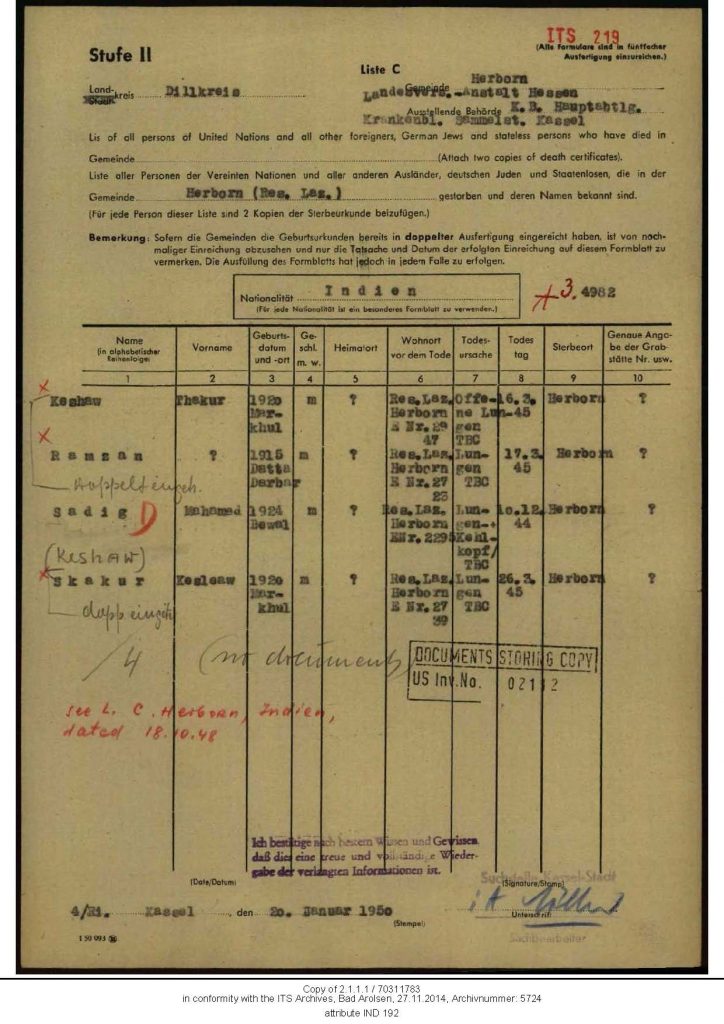 Death Certificate of four British-Indian soldiers contained in the Archive of the International Tracing Service