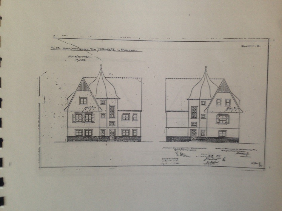 Zu sehen sind zwei Ansichten des Hauses im Stil einer technischen Zeichnung