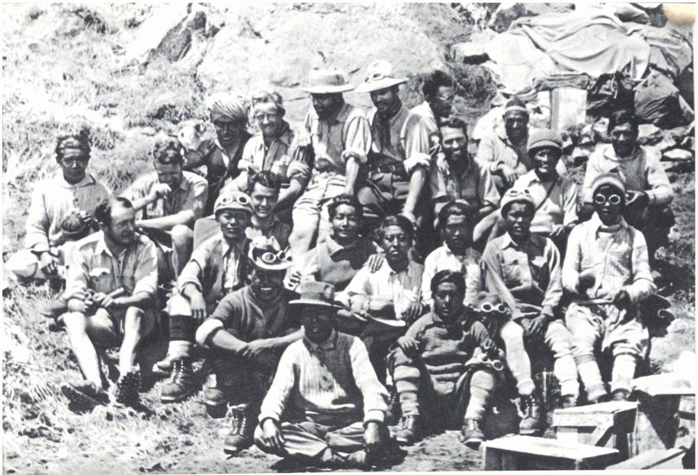 European mountaineers and Himalayan porters at the Base Camp. The German Expeditions in Siniolchum and Nanga Parbat