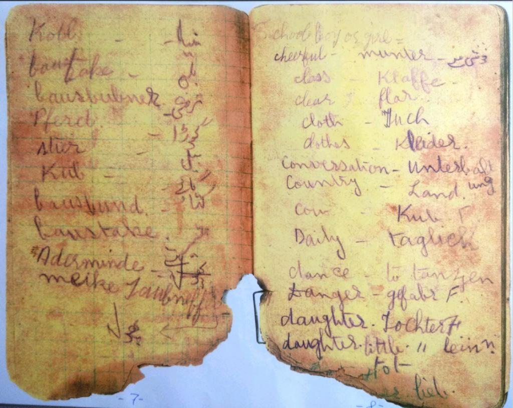 A page from Sohan Singh's prison diary containing translation of German words into Urdu and English.