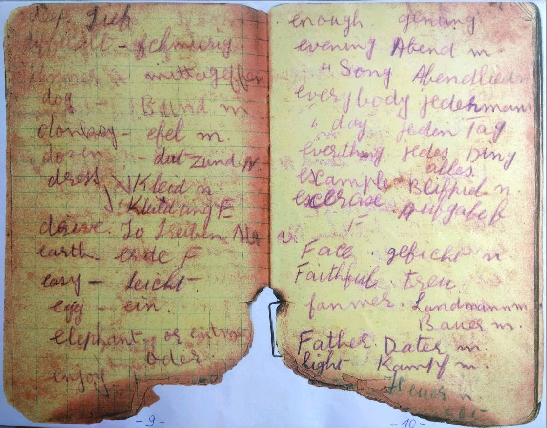Another page from Sohan Singh's prison diary containing translation of German words into English.