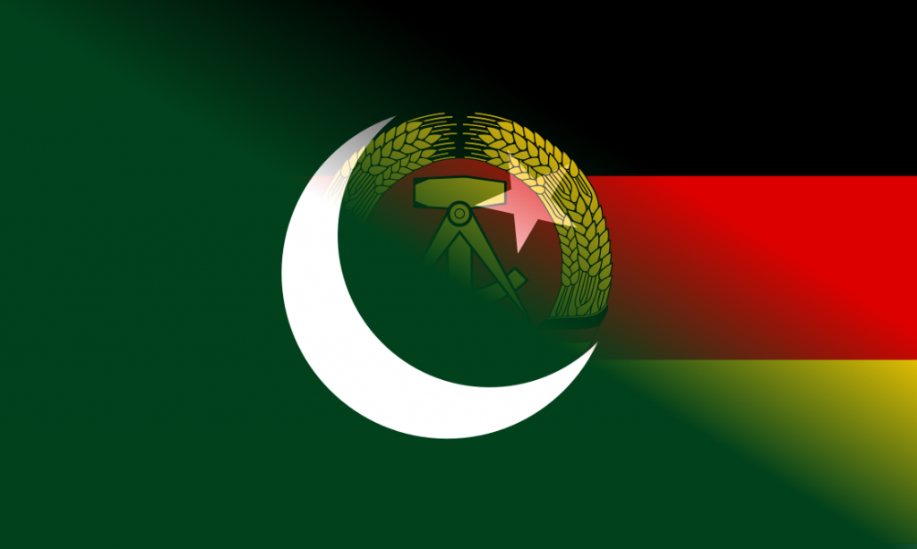 A blended image of the national flags of Pakistan and the GDR
