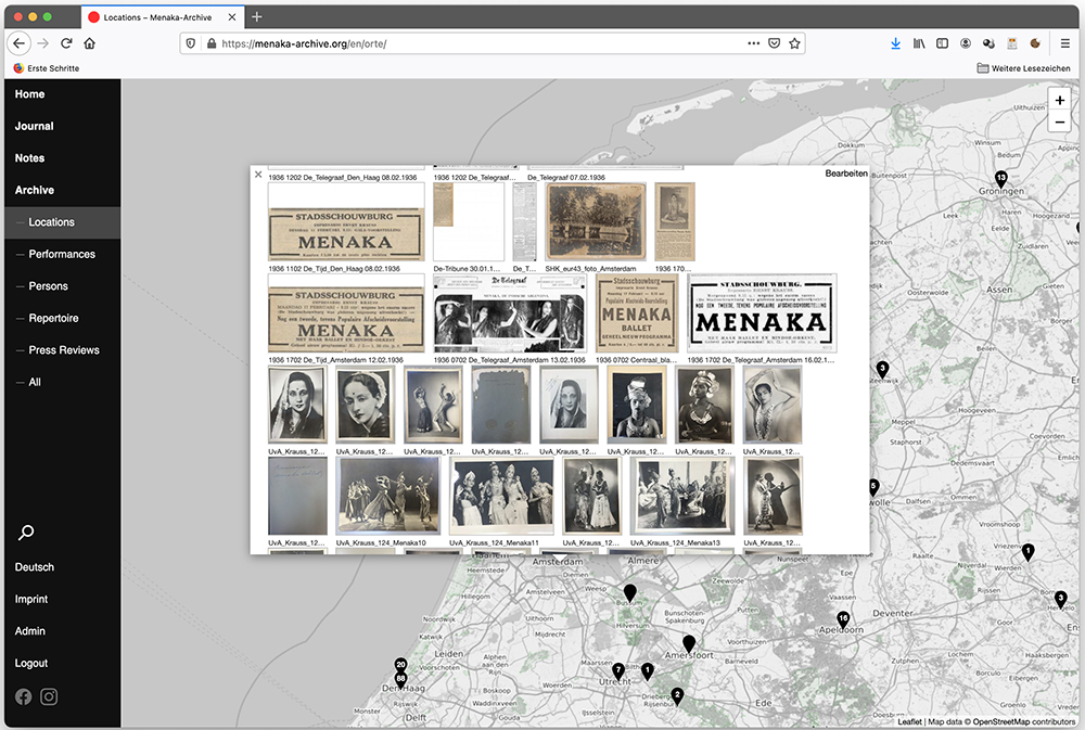 A screenshot of the Menaka digital archive's locations interface, which enables the user to trace sources on a world map.